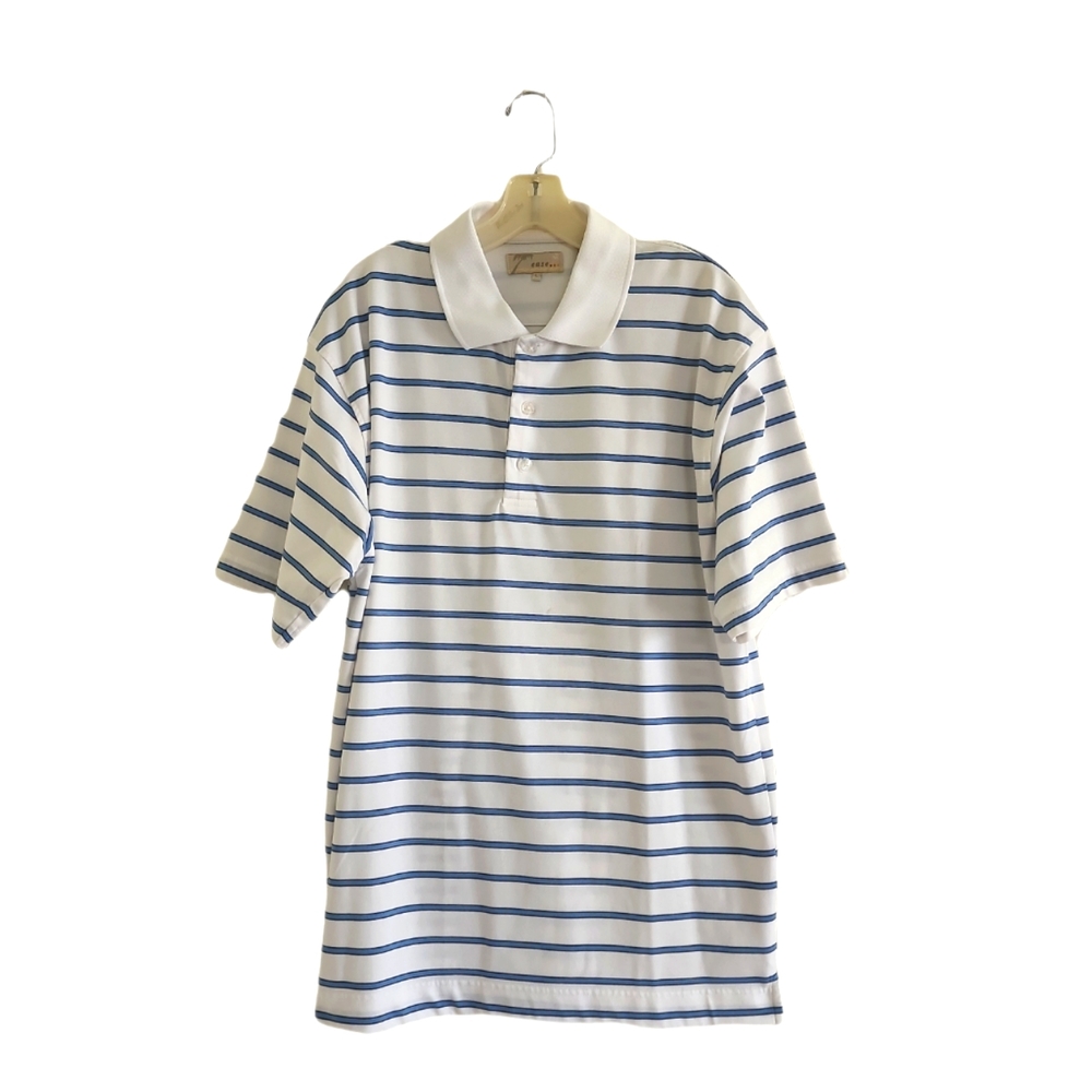 Men's White With Blue Stripes Button Polo Shirt Size L